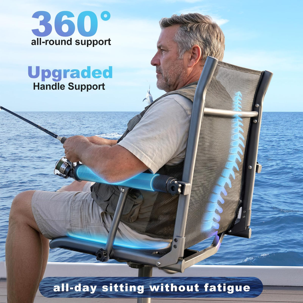 Fishing Boat Seat with Armrest, Mesh Fabric, Aluminum Frame, 350 LBS Capacity, Foldable L51753