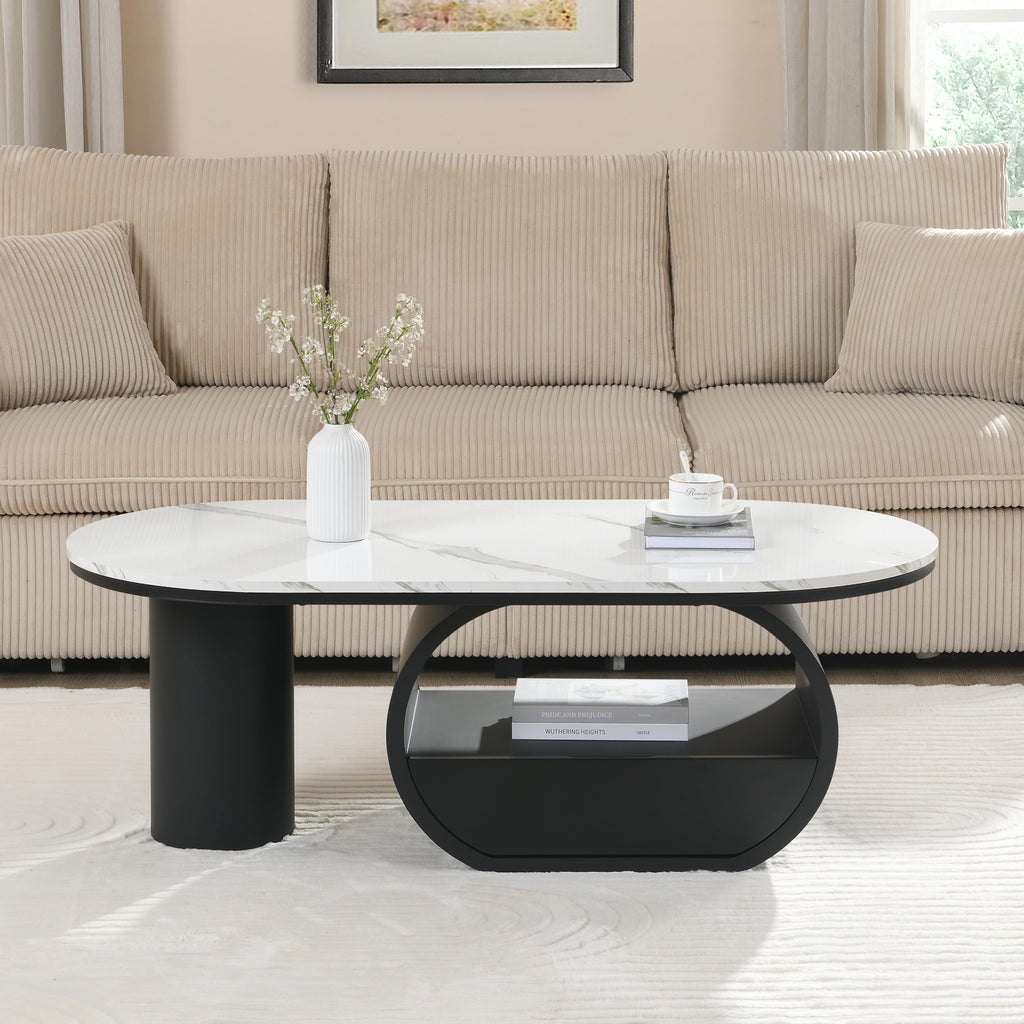 47'' Oval Coffee Table with Drawer, Marble-Grain MDF Top, Black Metal Base F39668