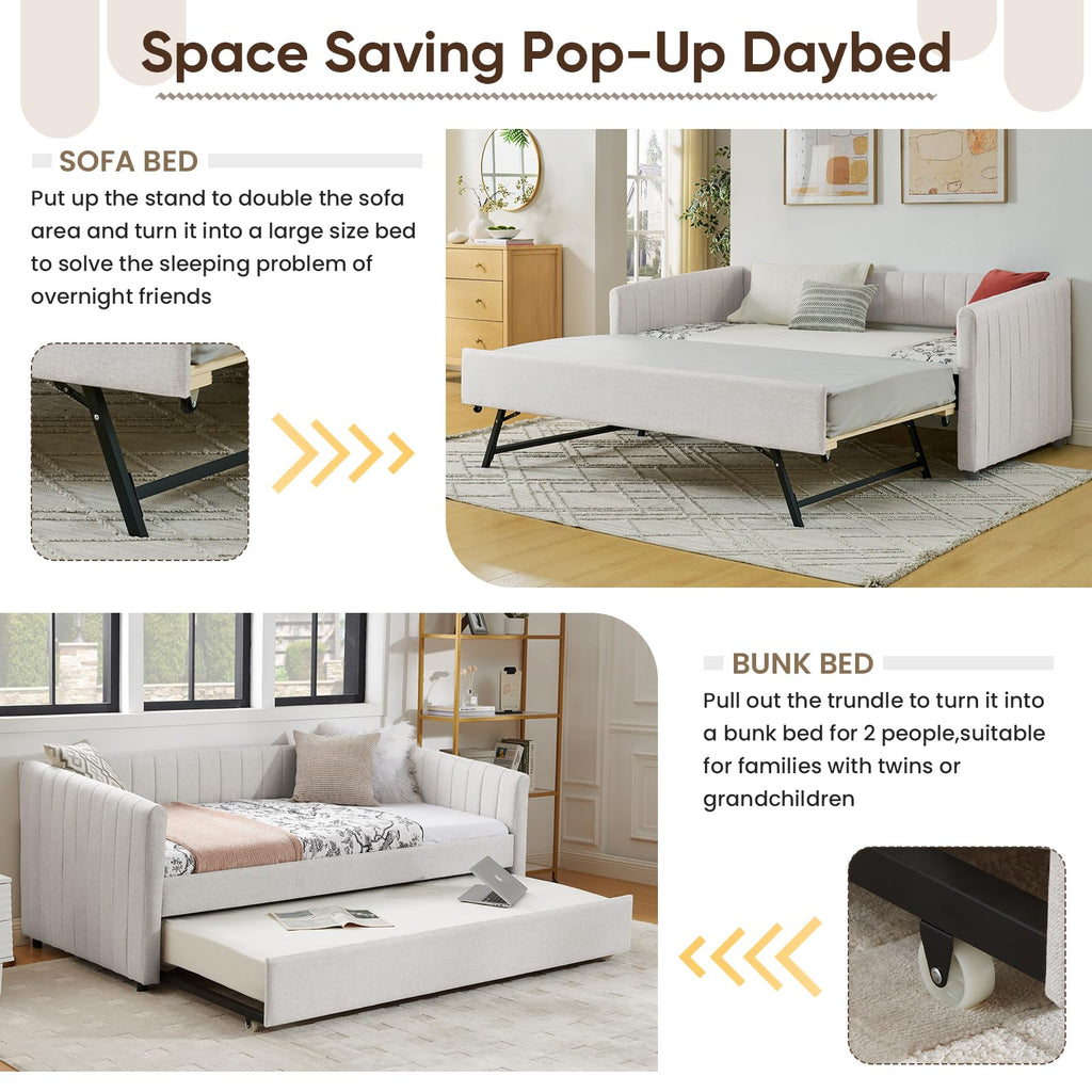 Beige Linen Twin Size Daybed with Pop Up Trundle R721077