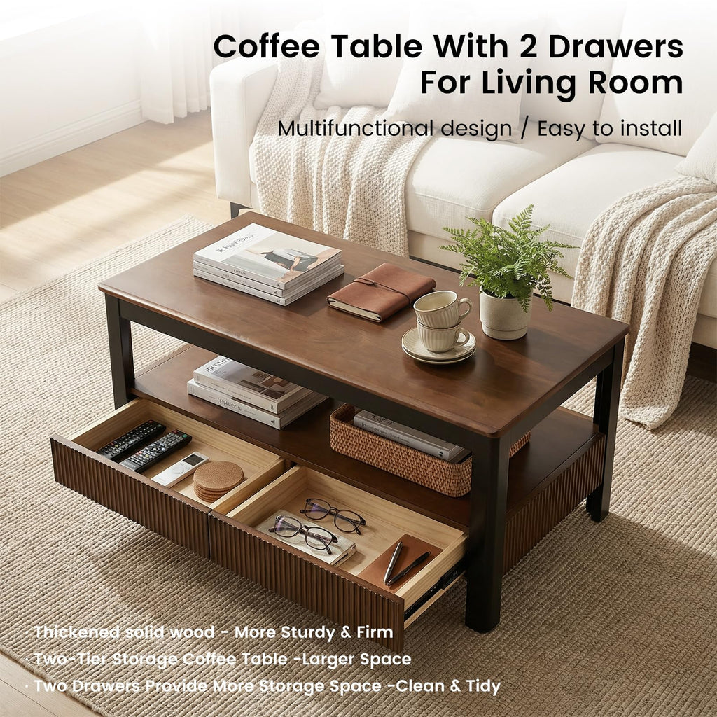 39.4" Walnut Solid Wood Fluted Coffee Table with 2 Drawers D49715