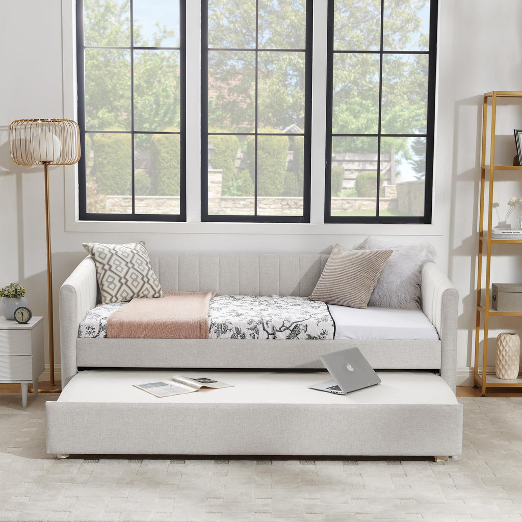 Beige Linen Twin Size Daybed with Pop Up Trundle R721077