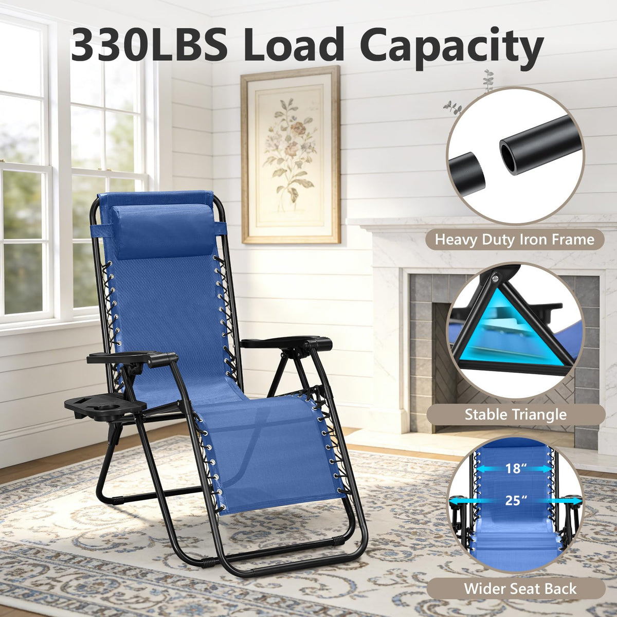 Blue Set of 2 Zero Gravity Lounge Chair with Pillow & Cup Holder M962680