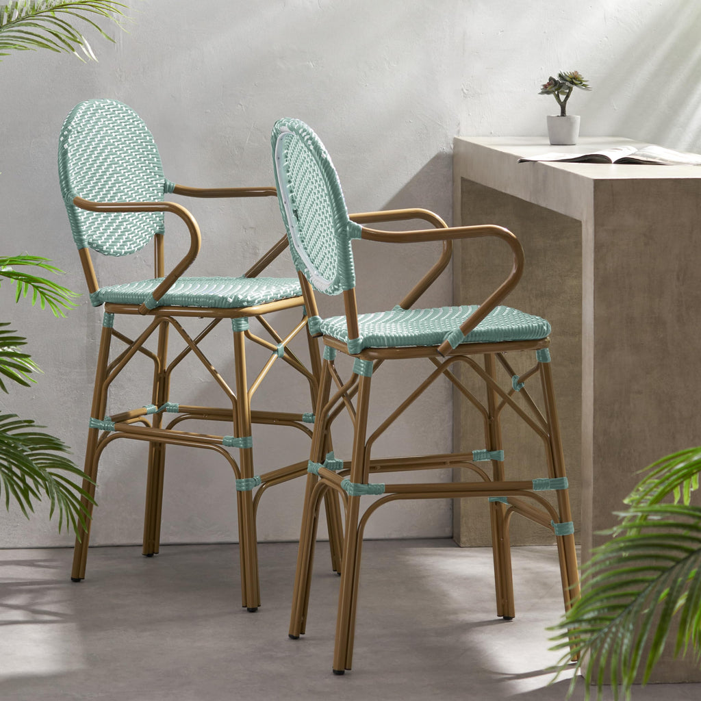 Teal Bamboo Print Wicker Aluminum Bar Stools Set of 2 C22033