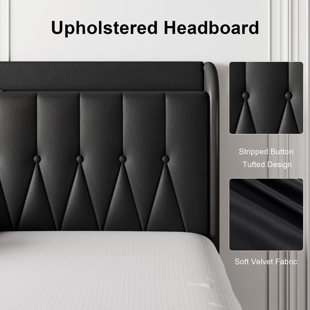 Black Leather Full Size Bed Frame with Charging Station Q49185