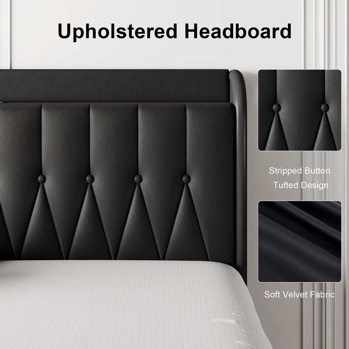 Black Leather Full Size Bed Frame with Charging Station Q49185