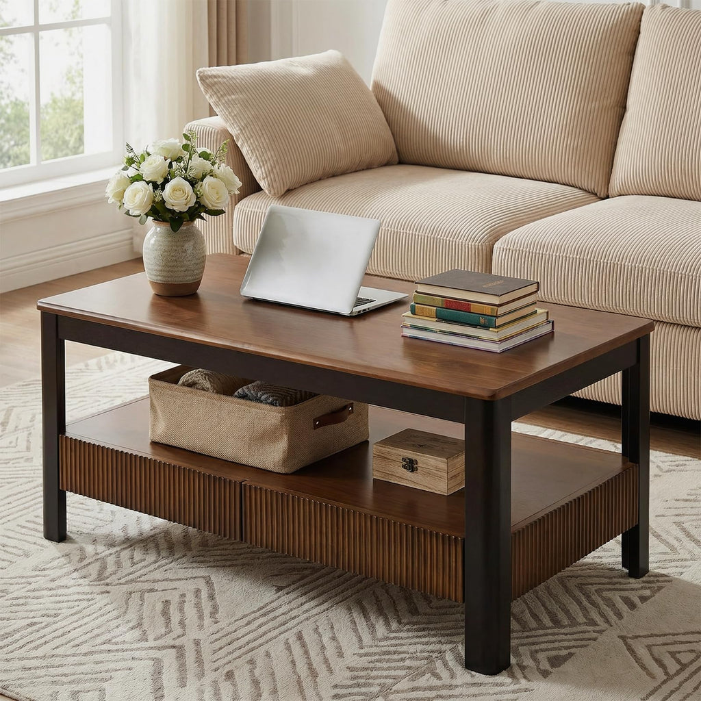 39.4" Walnut Solid Wood Fluted Coffee Table with 2 Drawers D49715