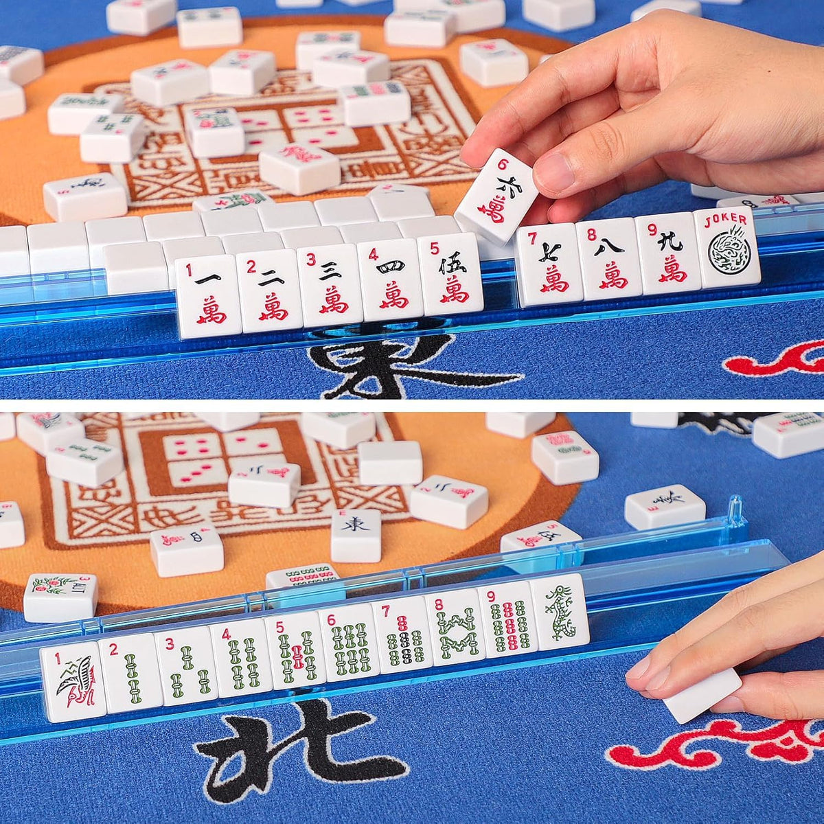 American Mahjong Game Set, 166 White Tiles, 4 Color Rack/Pushers, Blue Carrying Bag Z7704