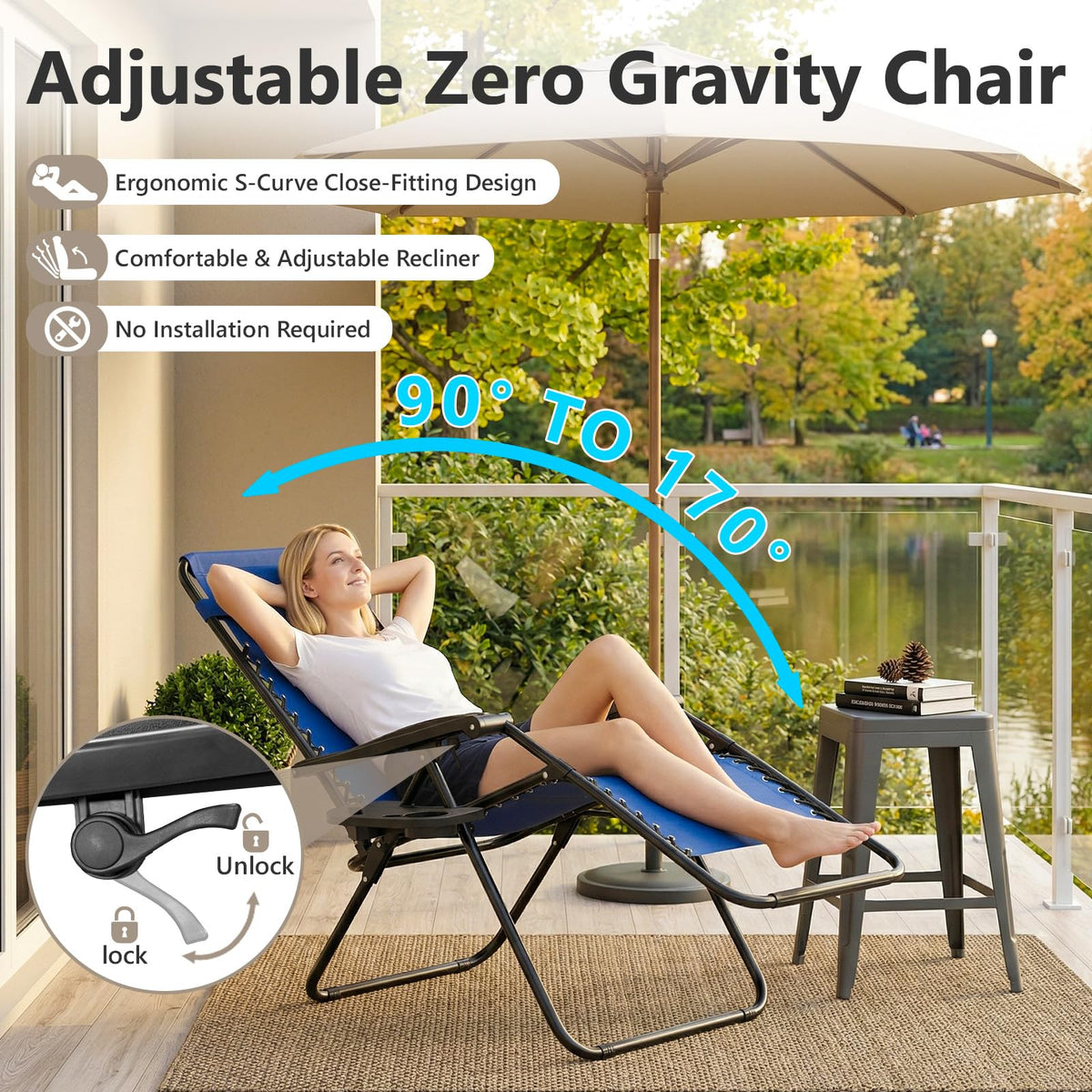Blue Set of 2 Zero Gravity Lounge Chair with Pillow & Cup Holder M962680