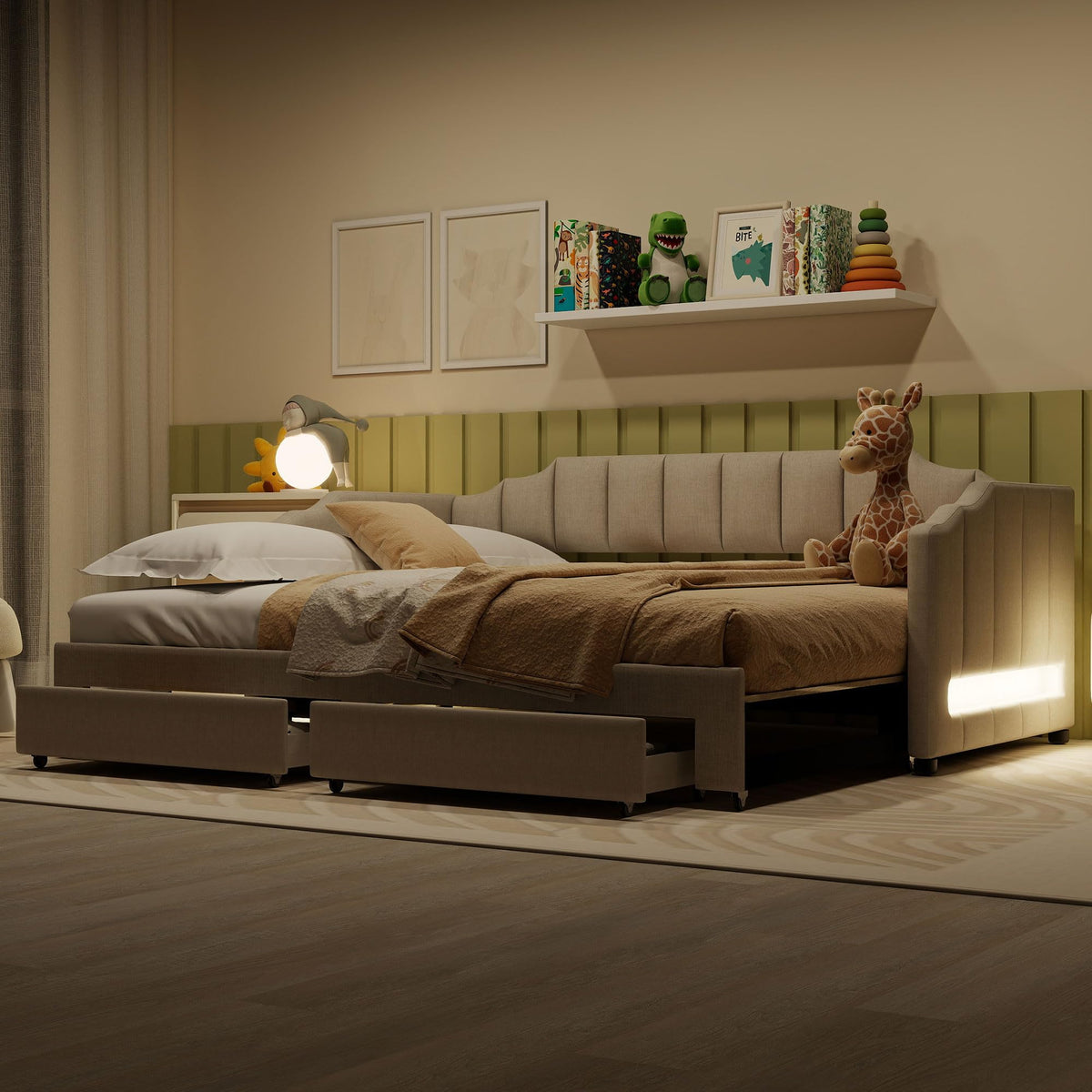 Linen Upholstered Daybed with Trundle and 2 Storage Drawers U932231