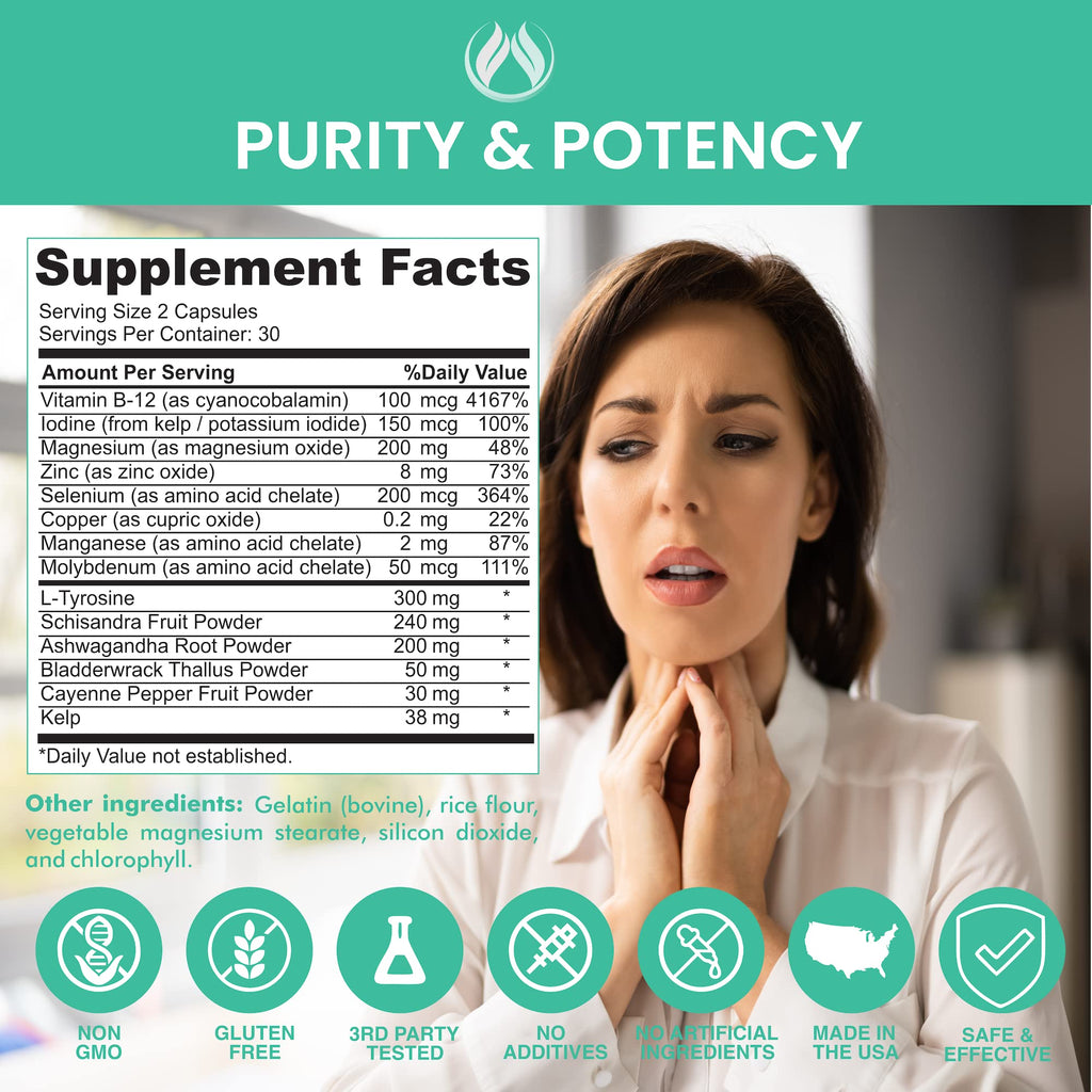 Thyroid Support Supplement with Iodine, Ashwagandha, Zinc, Selenium, Vitamin B12, Kelp, Magnesium, L Tyrosine I415551