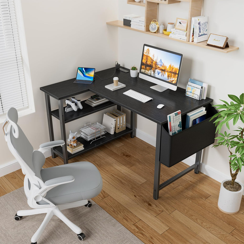 Black 40 Inch L Shaped Corner Computer Desk with Power Outlet Z79042