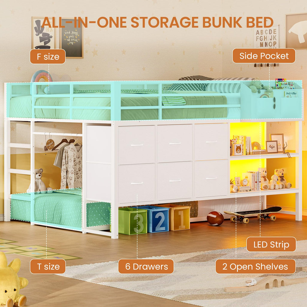 White Full Over Twin Bunk Bed with 6 Drawers and LED Lights V534336