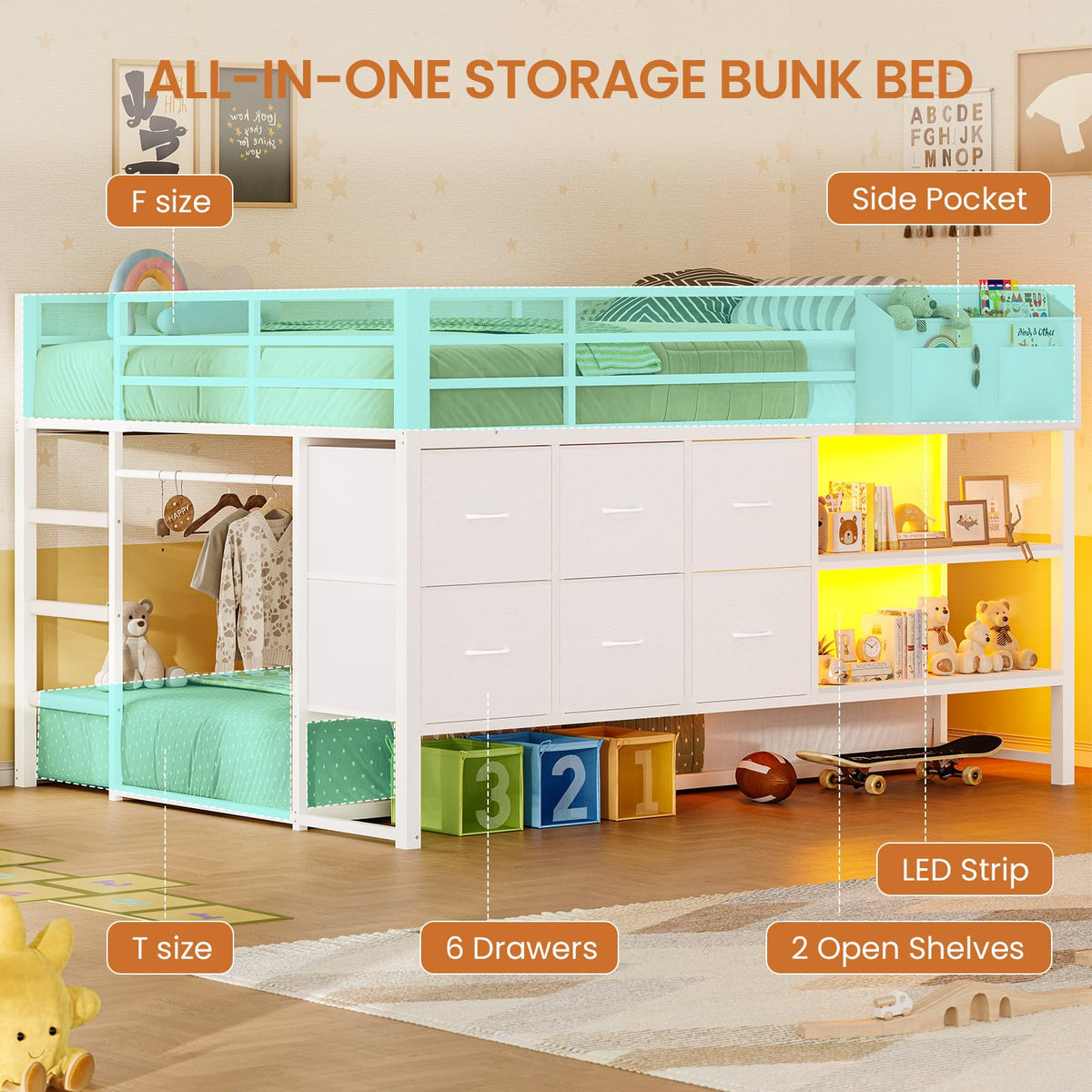 White Full Over Twin Bunk Bed with 6 Drawers and LED Lights V534336