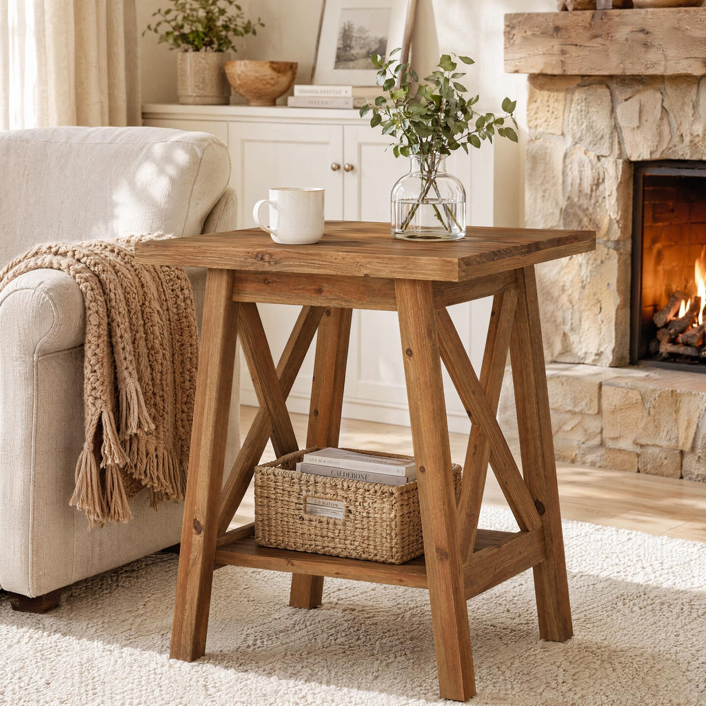 Solid Wood End Table Set of 2, Square Side Table with Storage, 2-Tier Nightstand, Brown S37264