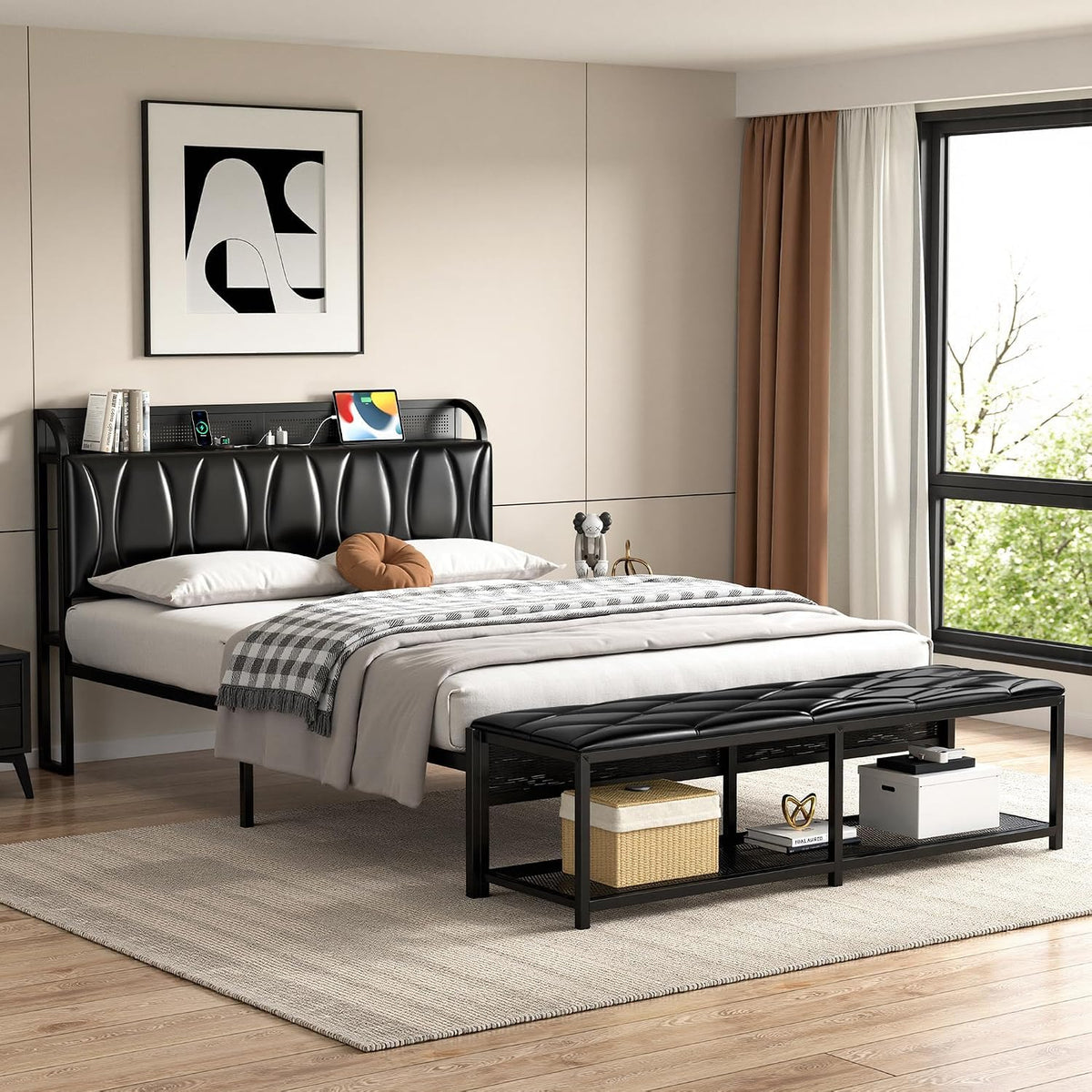 Black Full Size Upholstered Bed Frame with Storage V9050