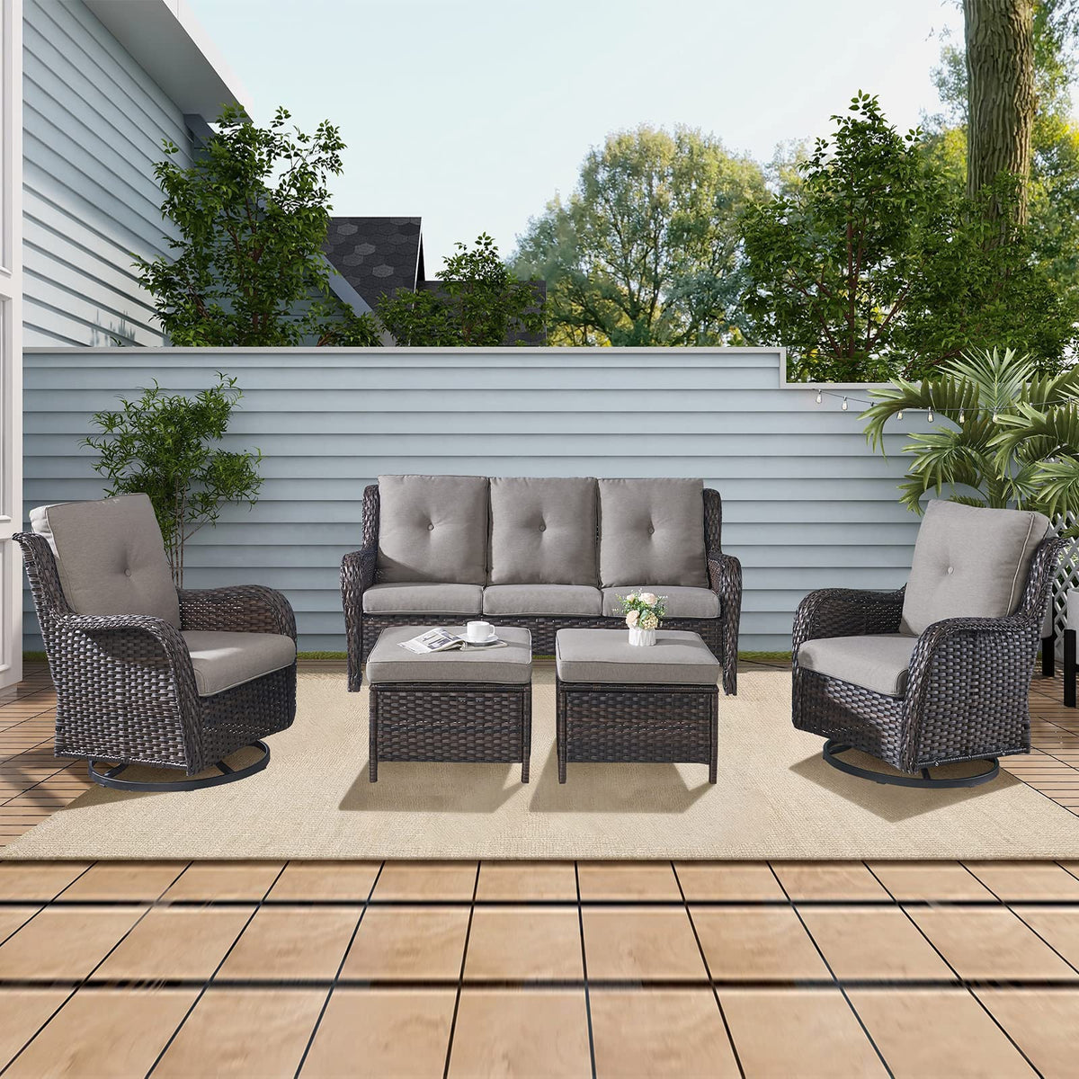 5 Piece Rattan Wicker Patio Furniture Set with Swivel Rocker Chairs Ottomans and Sofa F92390