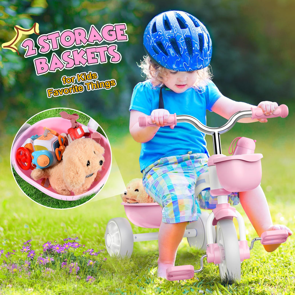 Pink Toddler Tricycle with Adjustable Seat and Light Wheels D39051