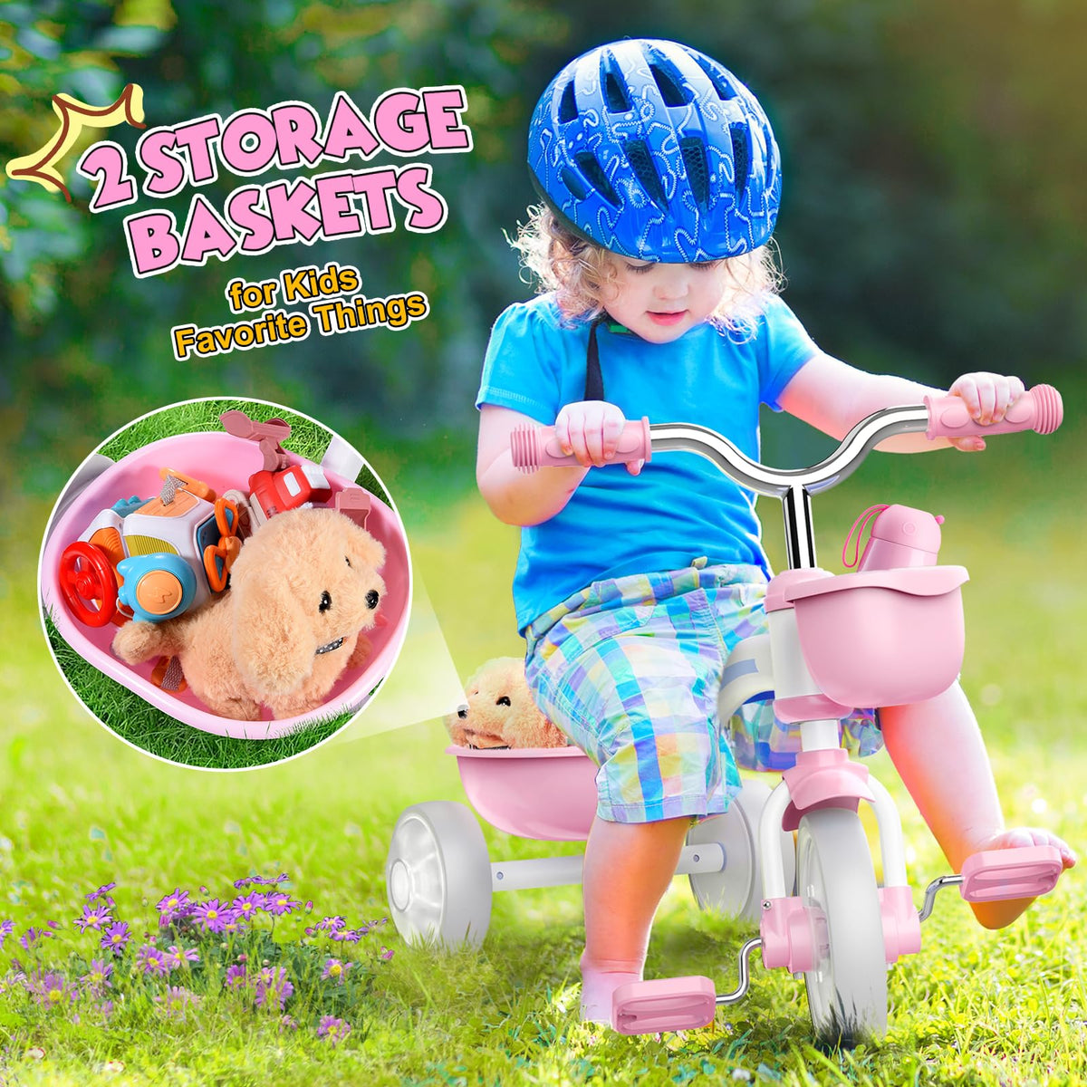 Pink Toddler Tricycle with Adjustable Seat and Light Wheels D39051