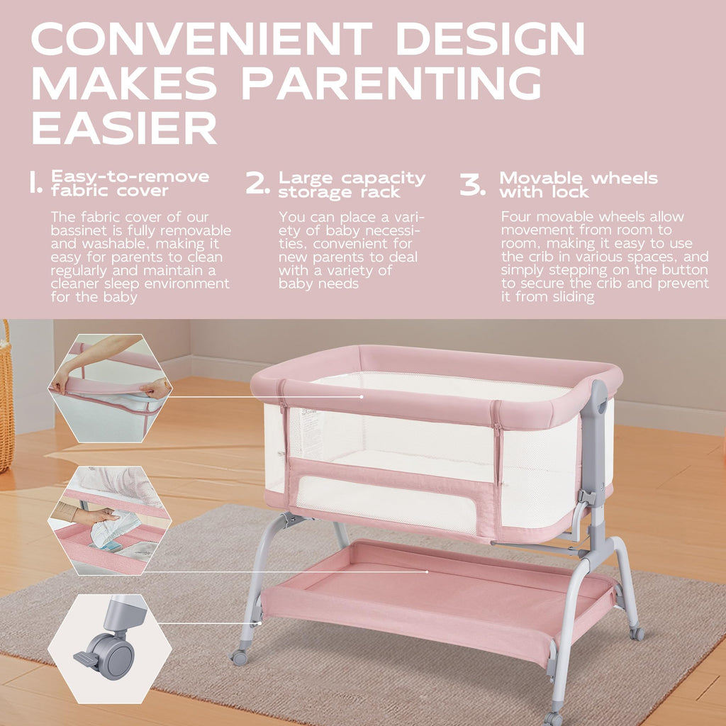 Baby Bassinet Bedside Crib with Mattress & Sheet, 4-Sided Mesh, Pink T58859