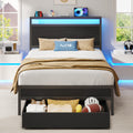 Twin Bed Frame with Storage Headboard & Drawer, Charging Station & LED Light, Black E5550