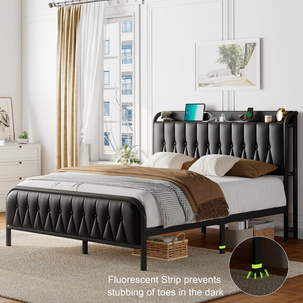 Black Leather Full Size Bed Frame with Charging Station Q49185