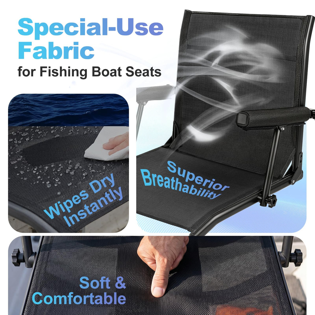 Fishing Boat Seat with Armrest, Mesh Fabric, Aluminum Frame, 350 LBS Capacity, Foldable L51753
