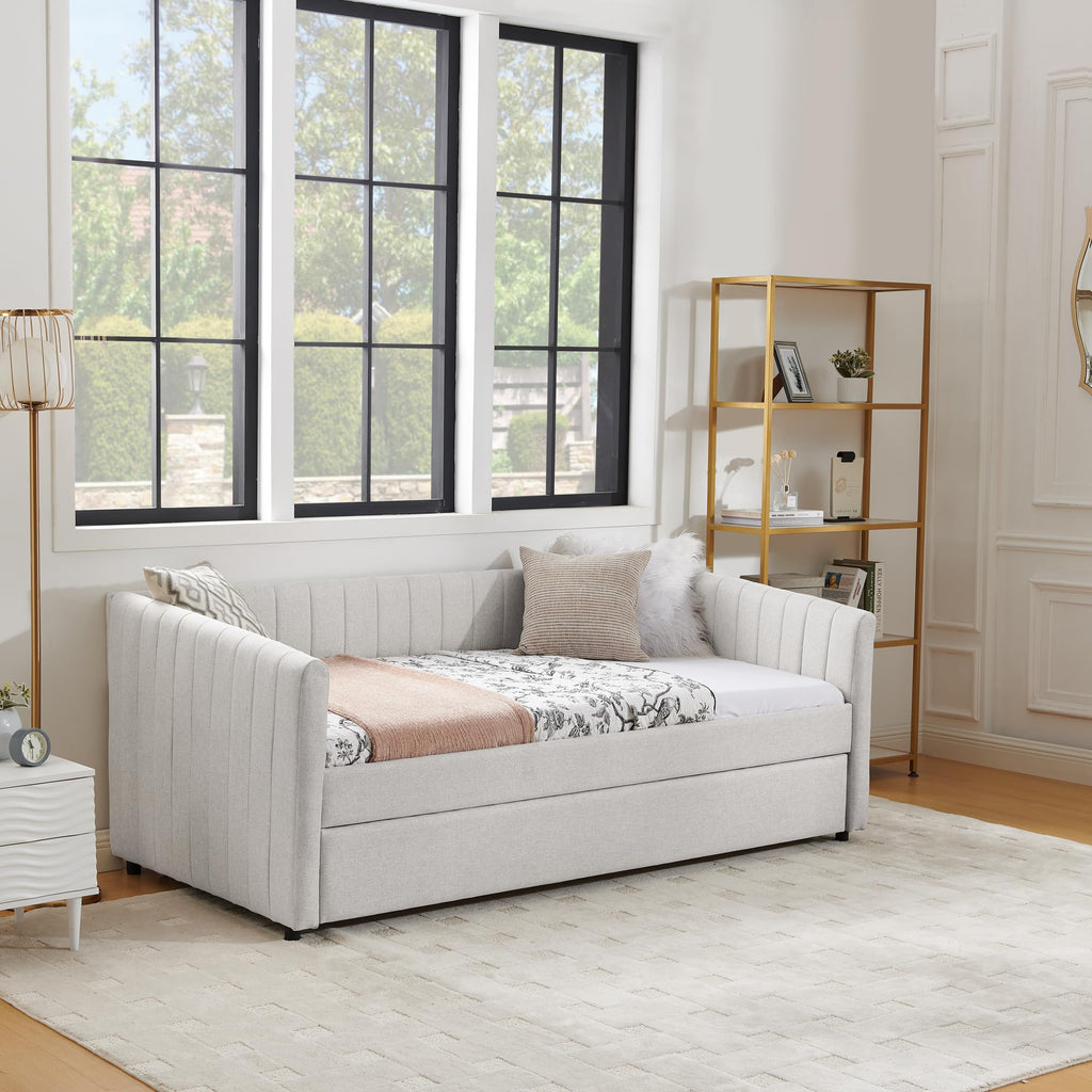 Beige Linen Twin Size Daybed with Pop Up Trundle R721077