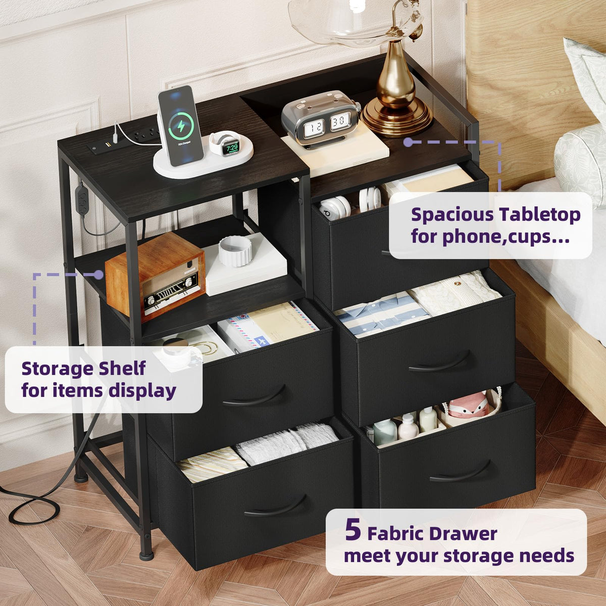 Wide 5 Drawer Nightstand with Charging Station & LED Light U591