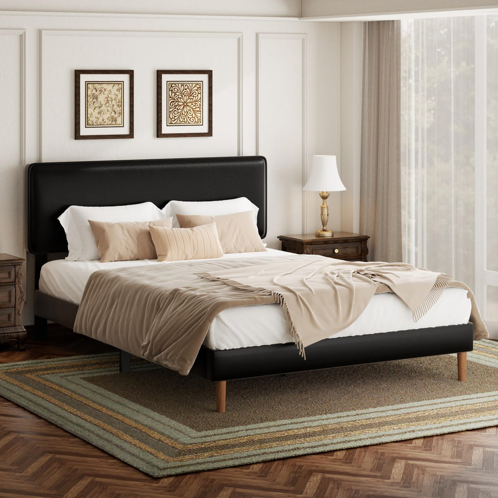 Black Full Size Upholstered Platform Bed Frame with Adjustable Headboard W1381