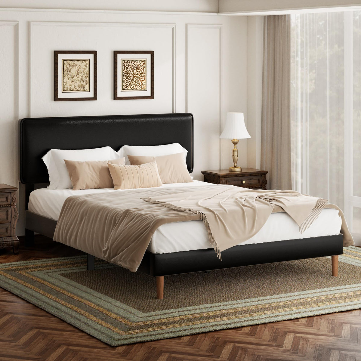 Black Full Size Upholstered Platform Bed Frame with Adjustable Headboard W1381