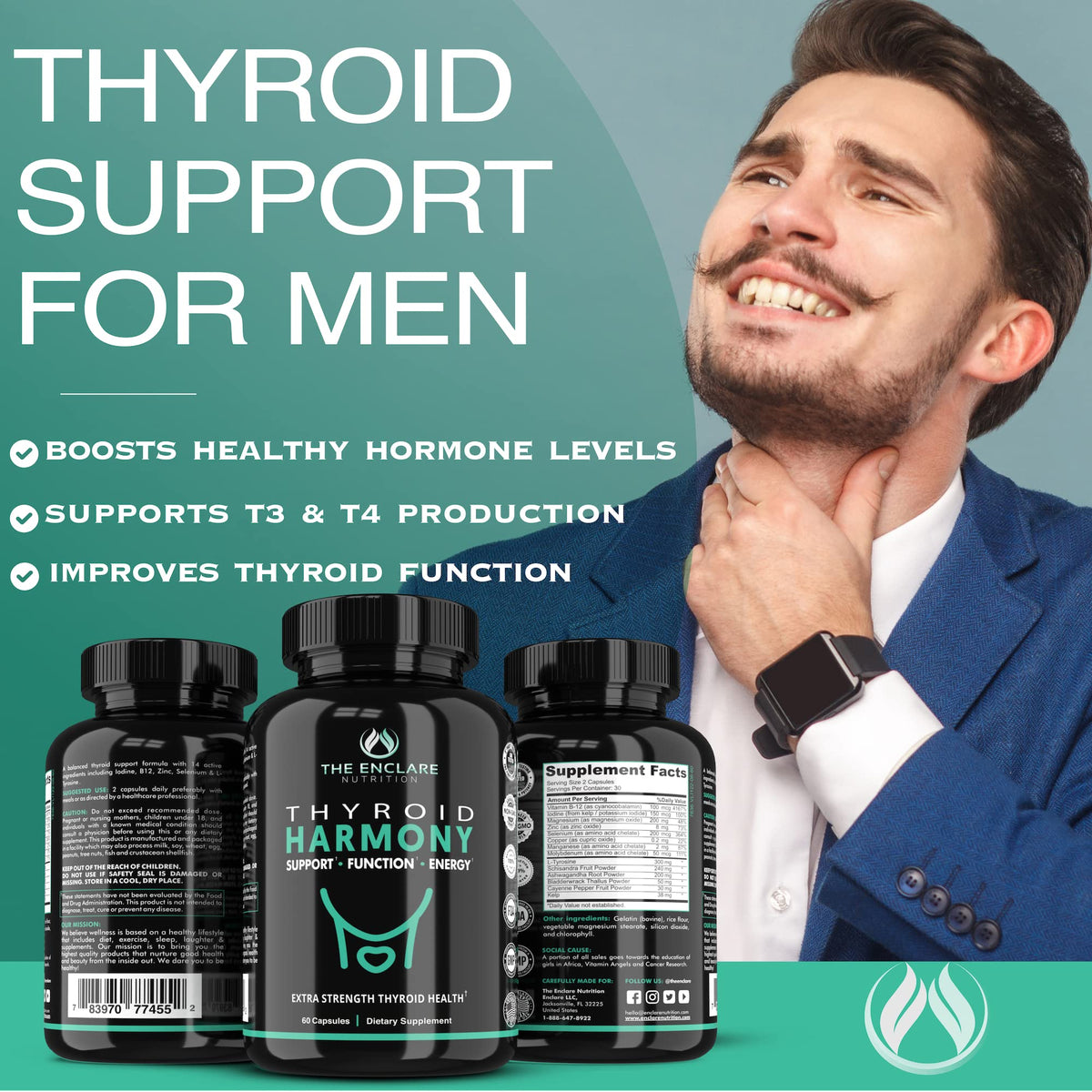 Thyroid Support Supplement with Iodine, Ashwagandha, Zinc, Selenium, Vitamin B12, Kelp, Magnesium, L Tyrosine I415551