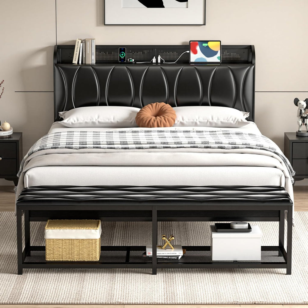 Black Full Size Upholstered Bed Frame with Storage V9050