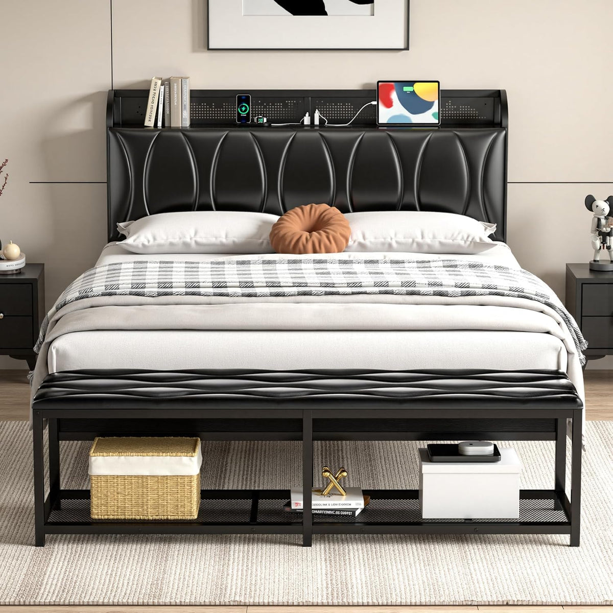 Black Full Size Upholstered Bed Frame with Storage V9050
