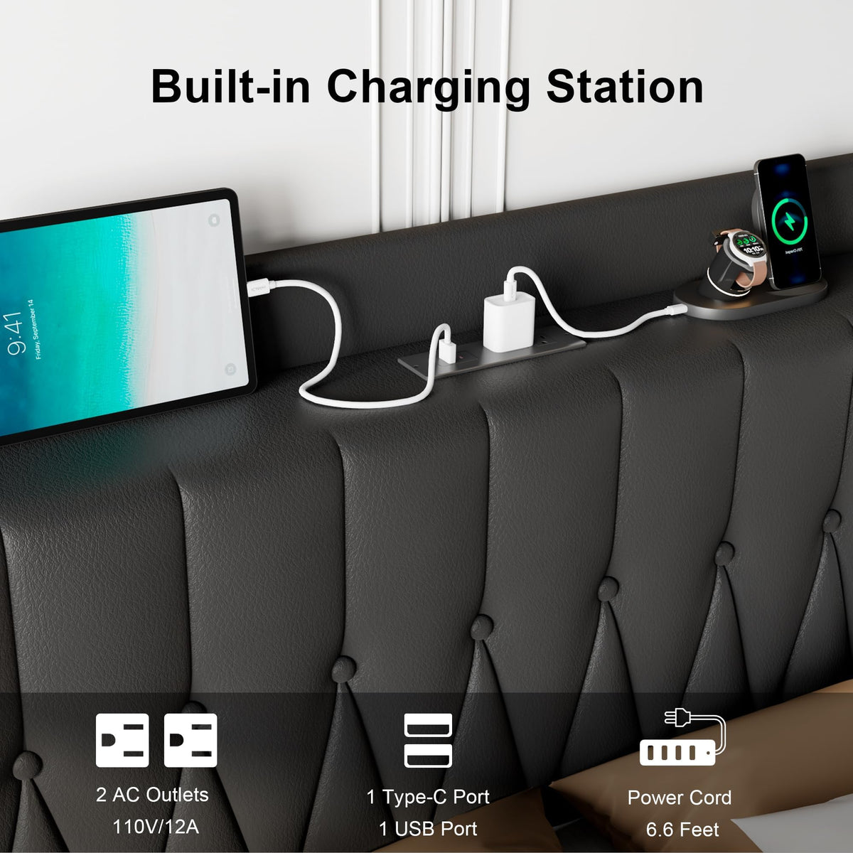 Black Leather Full Size Bed Frame with Charging Station Q49185