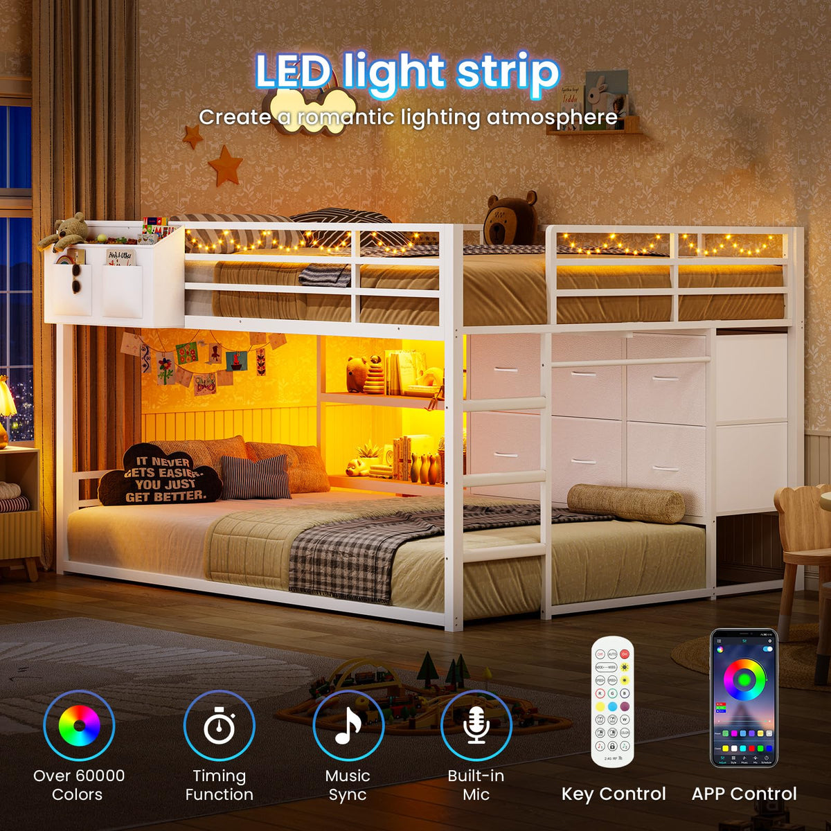 White Full Over Twin Bunk Bed with 6 Drawers and LED Lights V534336
