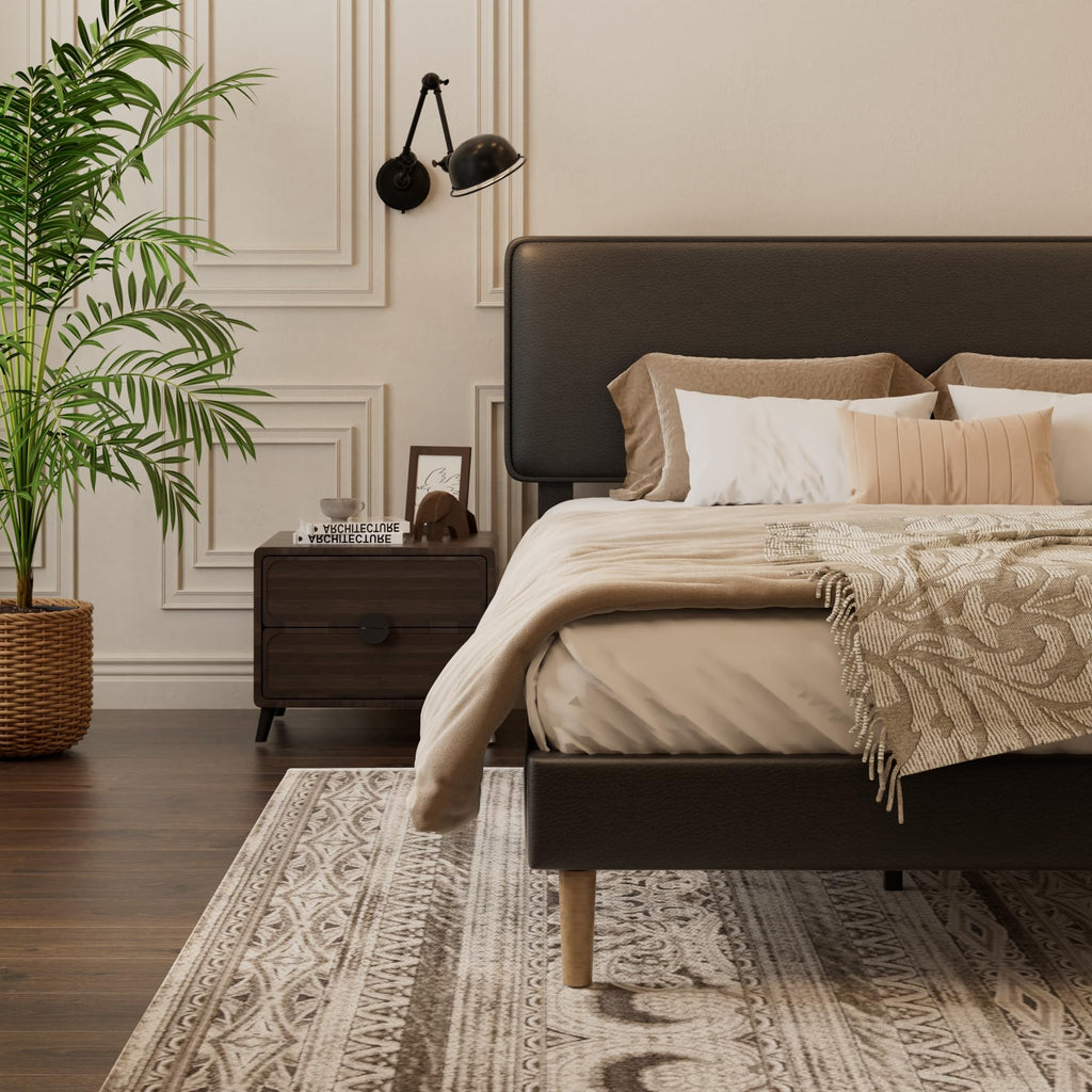 Black Full Size Upholstered Platform Bed Frame with Adjustable Headboard W1381