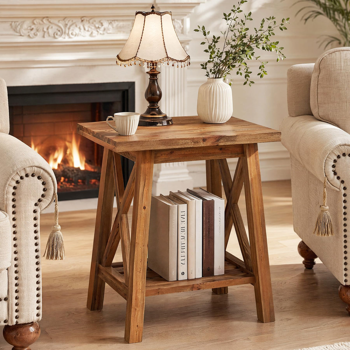 Solid Wood End Table Set of 2, Square Side Table with Storage, 2-Tier Nightstand, Brown S37264