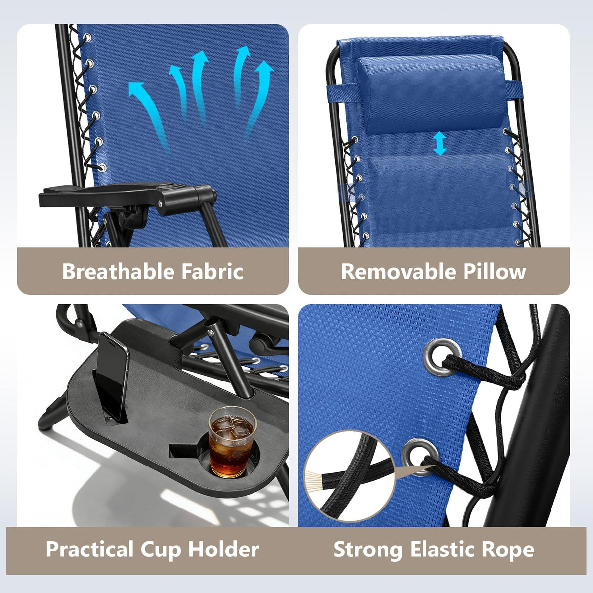 Blue Set of 2 Zero Gravity Lounge Chair with Pillow & Cup Holder M962680