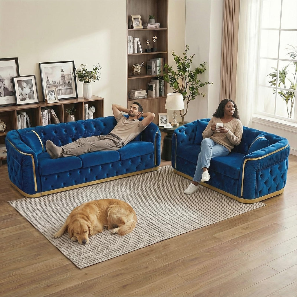 Navy Blue and Gold Velvet Sofa and Loveseat Set with 4 Pillows G315150