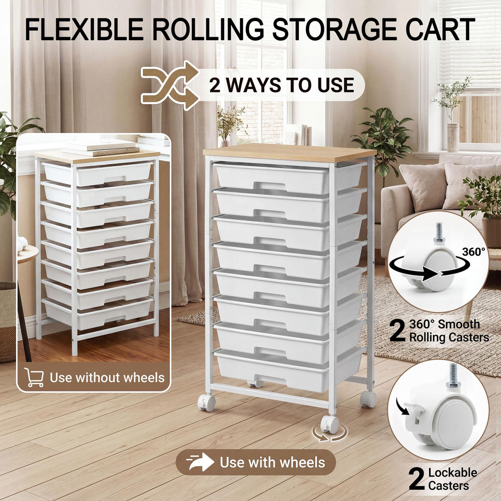 8 Drawer Rolling Storage Cart with Wooden Tabletop V863765