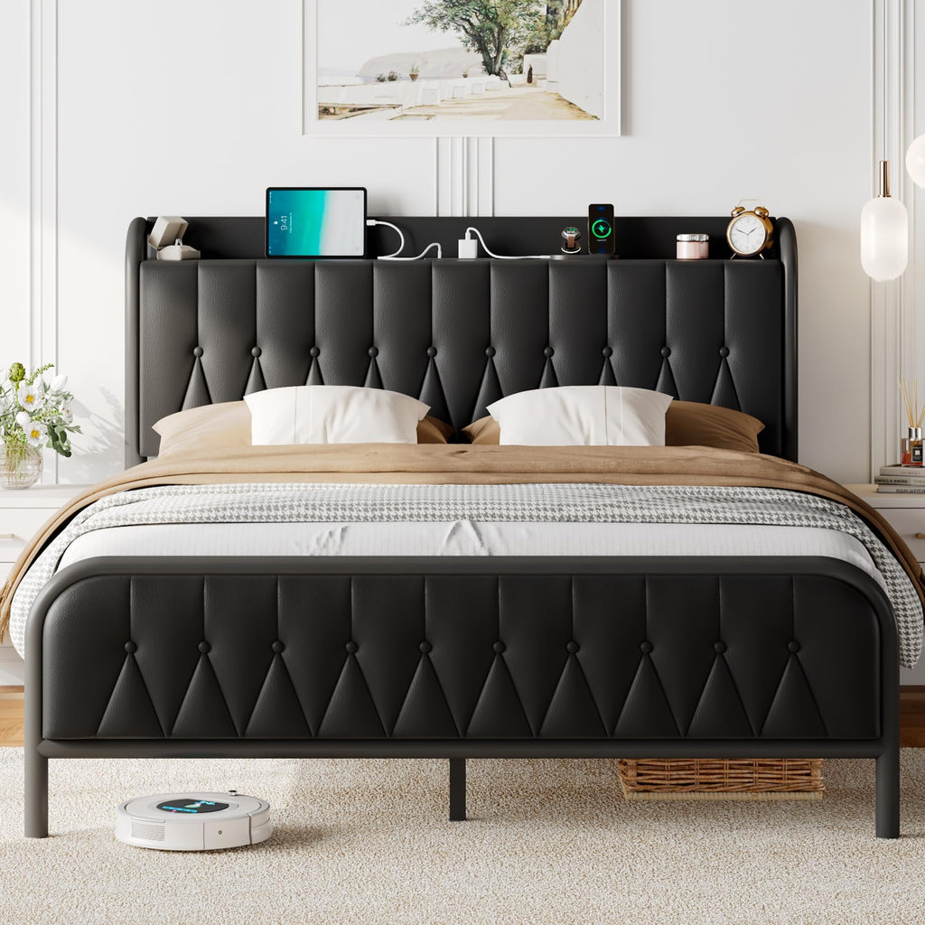 Black Leather Full Size Bed Frame with Charging Station Q49185