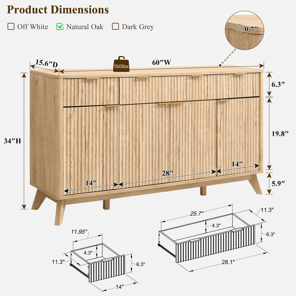 60" Natural Oak Storage Sideboard Cabinet with Drawers H312