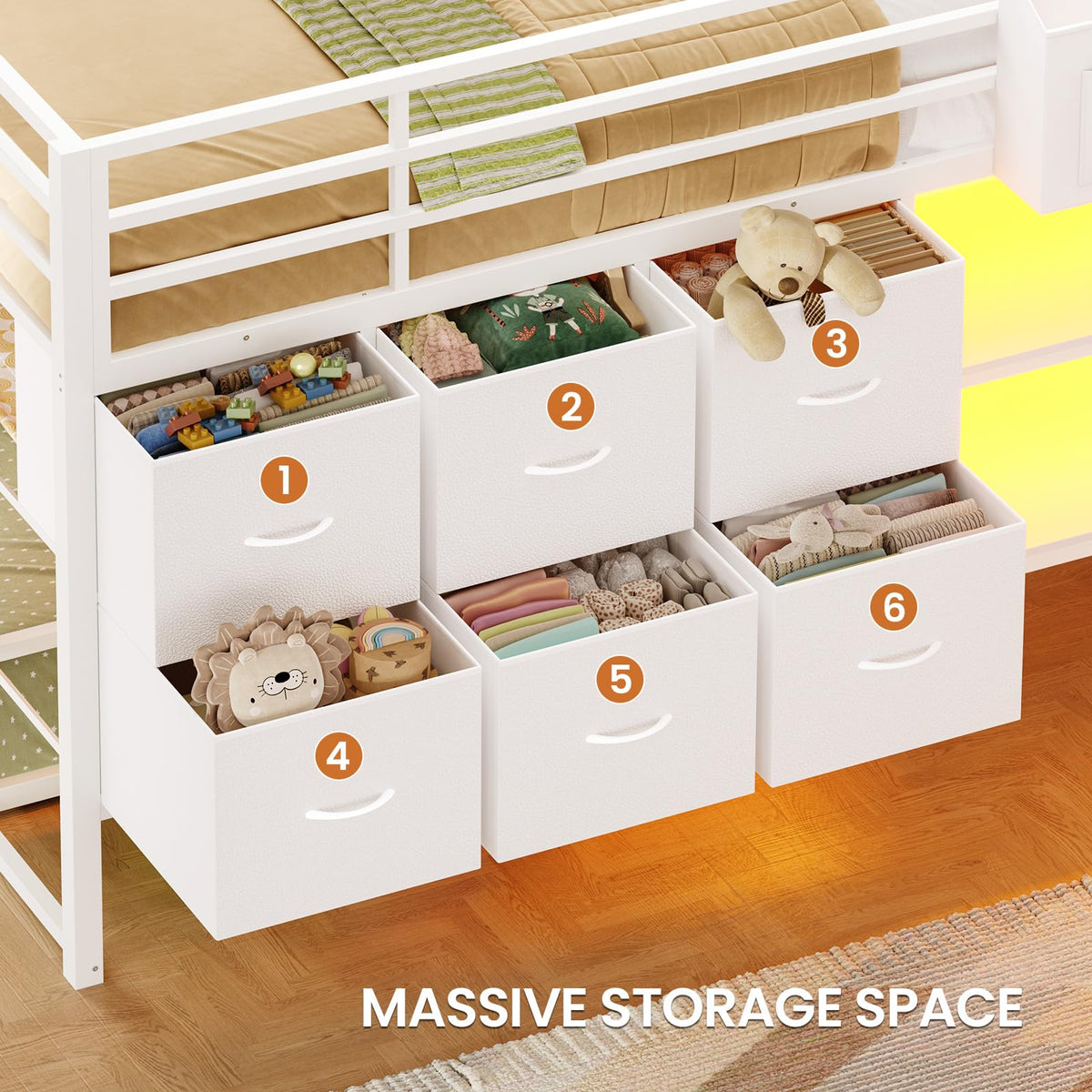 White Full Over Twin Bunk Bed with 6 Drawers and LED Lights V534336