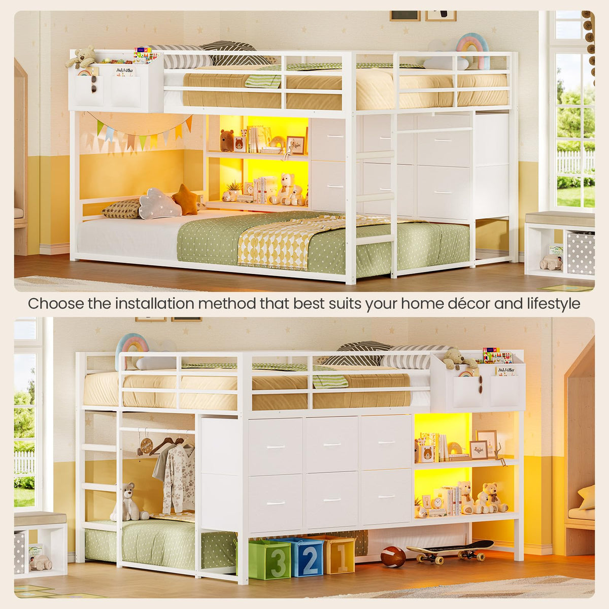 White Full Over Twin Bunk Bed with 6 Drawers and LED Lights V534336