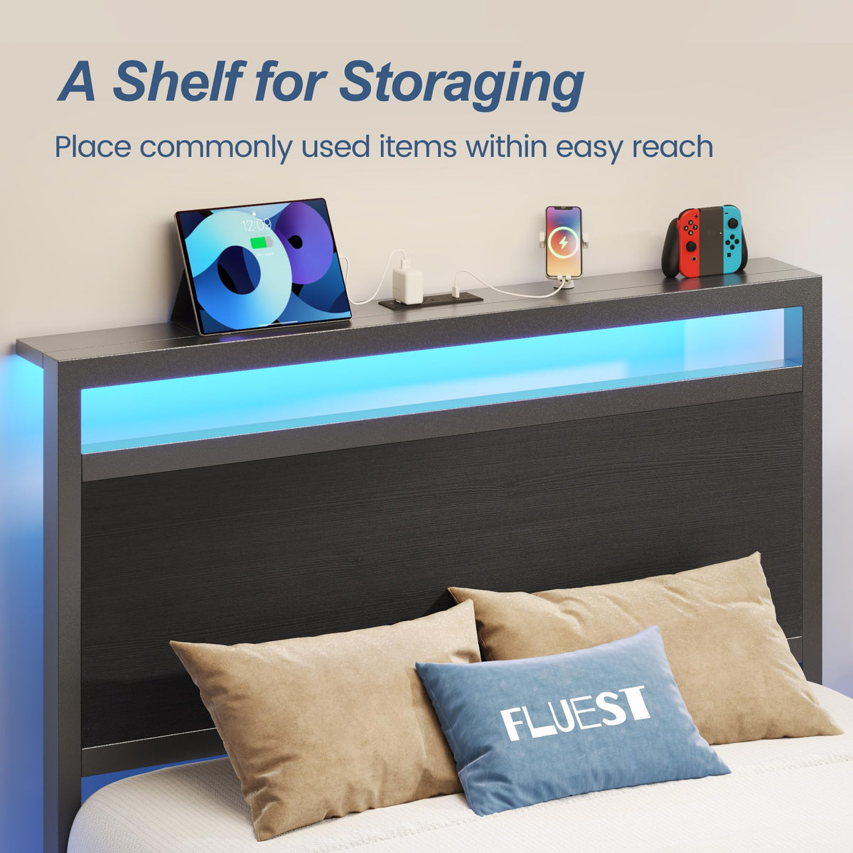 Twin Bed Frame with Storage Headboard & Drawer, Charging Station & LED Light, Black E5550