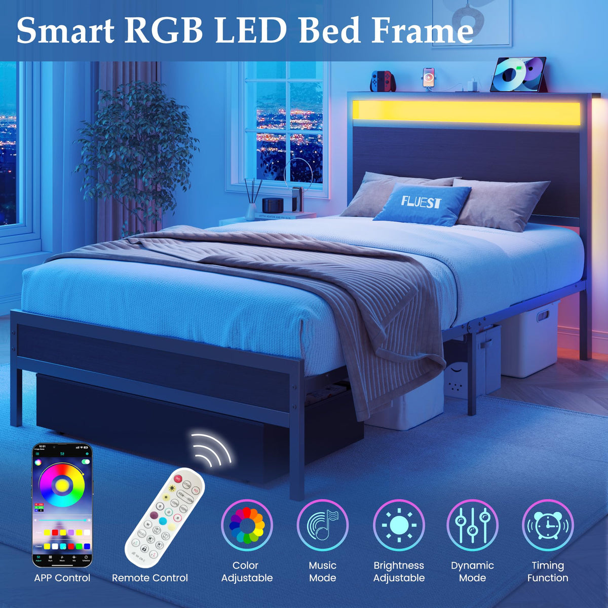 Twin Bed Frame with Storage Headboard & Drawer, Charging Station & LED Light, Black E5550