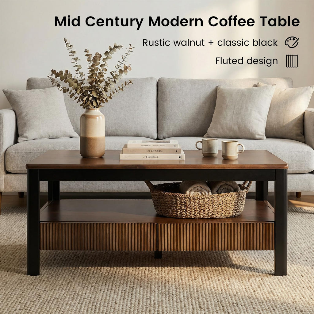 39.4" Walnut Solid Wood Fluted Coffee Table with 2 Drawers D49715