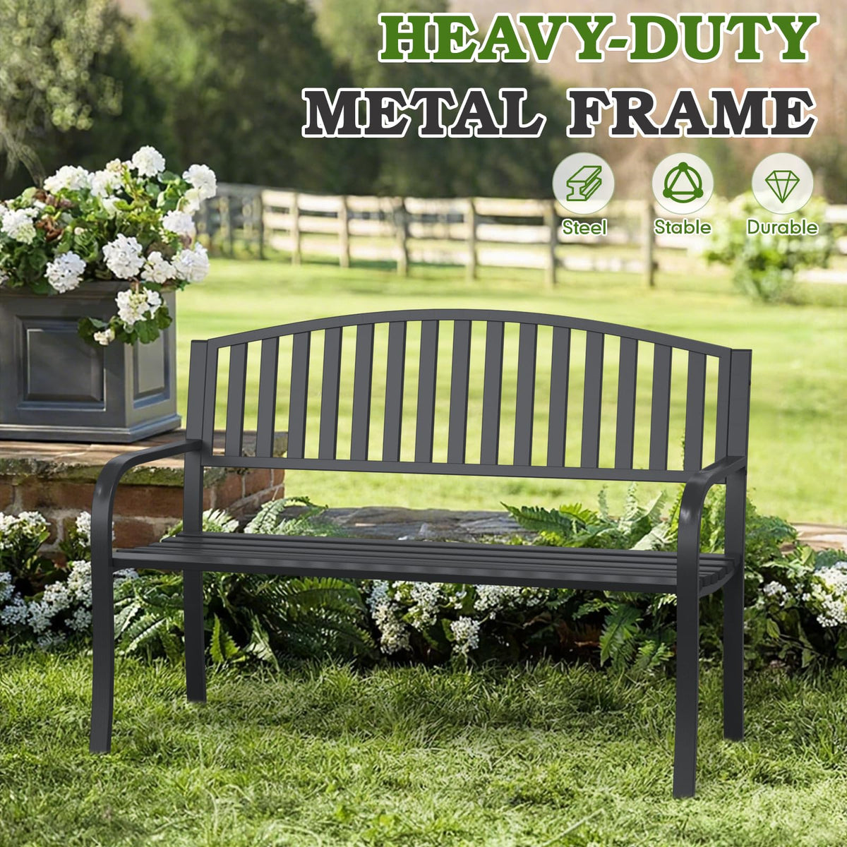 50" Iron Metal Outdoor Bench with Backrest and Armrests P130743