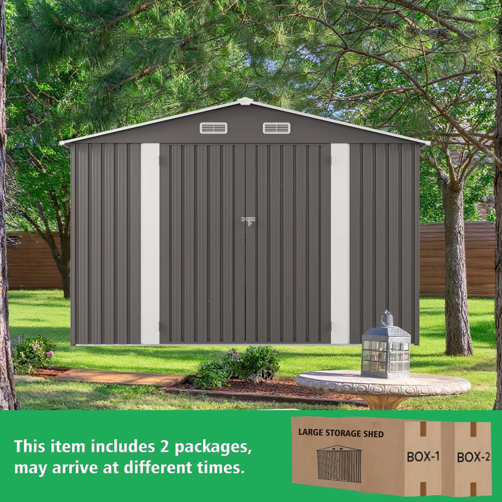 10x12 FT Grey Metal Storage Shed with Double Doors E841