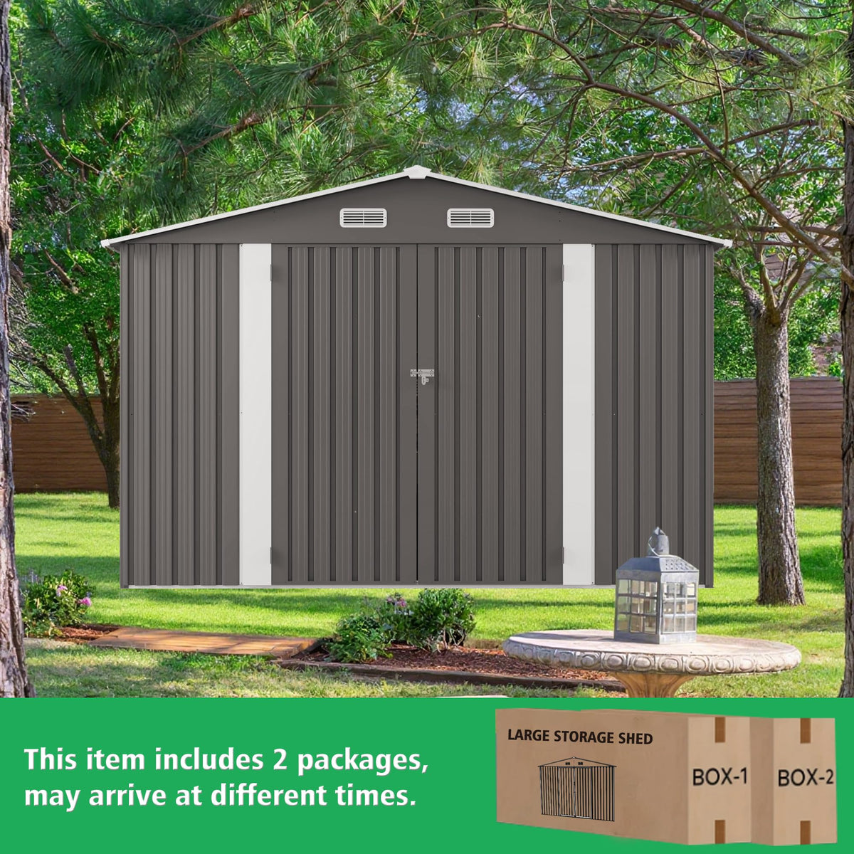 10x12 FT Grey Metal Storage Shed with Double Doors E841